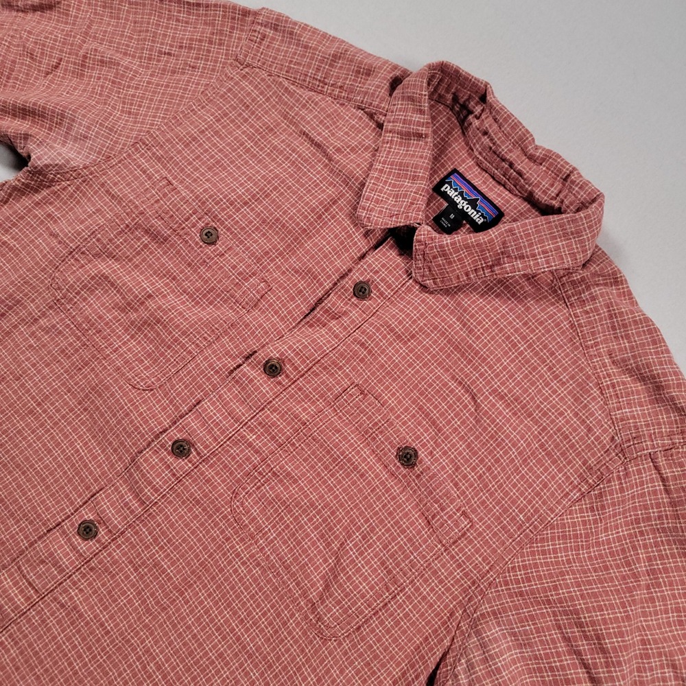 Patagonia Back Step Shirt Mens Medium Red Check Short Sleeve Hemp Cotton‎